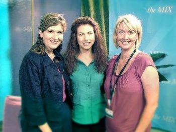 After a recent taping of the enterainment TV show "THE MIX" broadcast on COX-TV Orange County, CA., Leslie Leyton, host (L), Bethany (C) and Tina Horspool, Producer (R) take a moment for a production