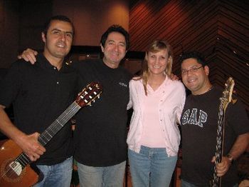 Recording session: guitarist Marco Tulio, percussionist Richie Gajate Garcia, singer Irene and bassist Nelson Rios.