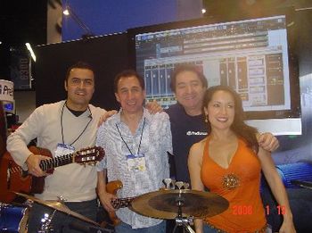 The Gajate Quartet at the NAMM SHOW 2008. Left to right: guitarist Marco Tulio, bassist Guillermo Guzman, percussionist Richie "Gajate" Garcia and singer Margo Reymundo.