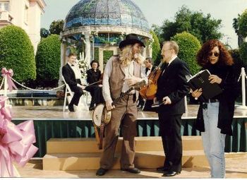 This was between takes on the set of "The Beverly Hillbillies". Billy Bob ( Don) with the band from back home, is confronted by the Wedding party manager. Cut from the movie, but great fun to do.