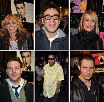 LIVE FROM NEW YORK: A DECADE OF PORTRAITS - Fred Armisen, Jason Sudeikis, Kenan Thompson, & Kristen Wiig of "SNL" with actor Keith Collins at photographer Mary Ellen’s unveiling of her SNL illustrio