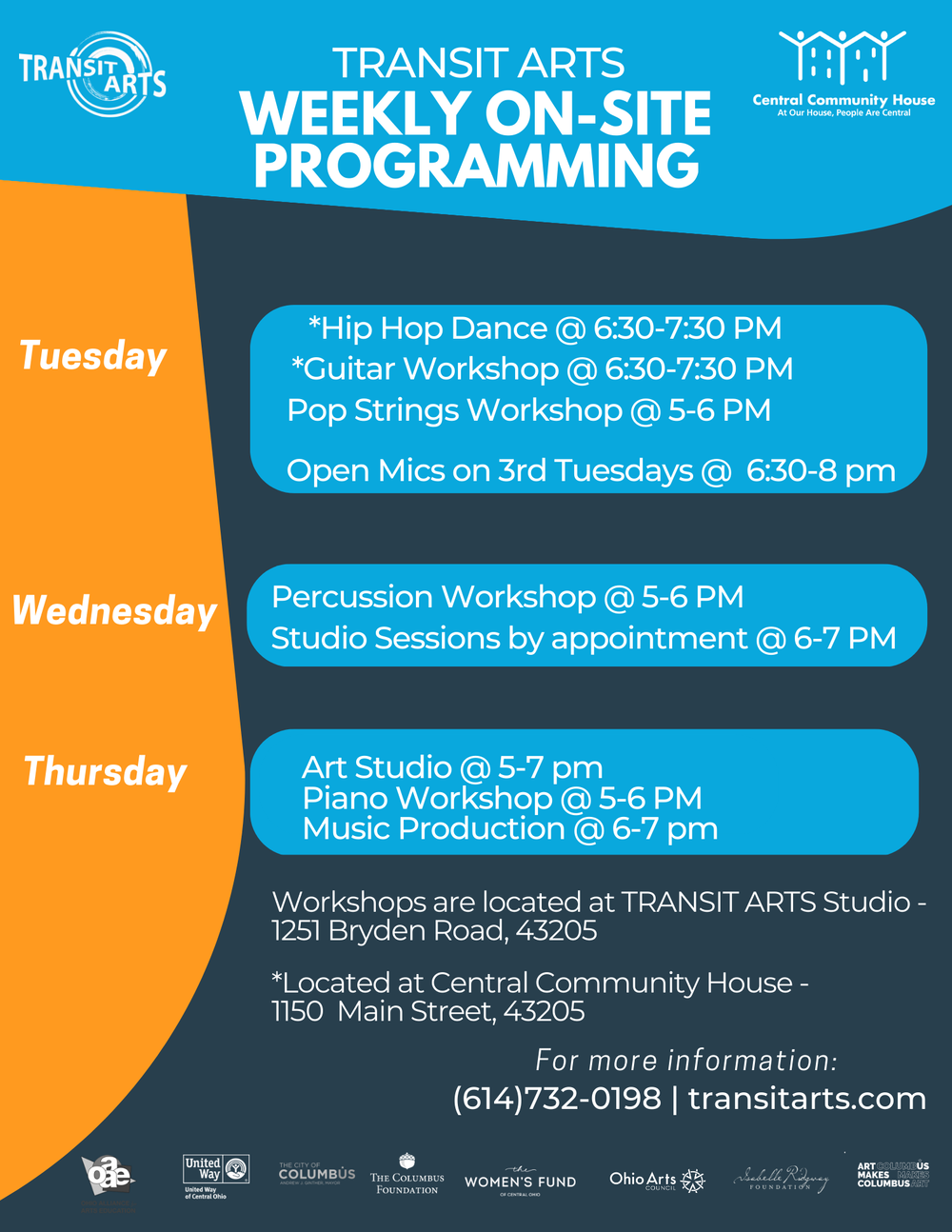 Tuesday workshops are replaced by Open Mics on 3rd Tuesdays. Check out our Google Calendar below for off-site programs and Open Mic Locations.