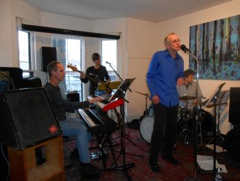 Steve & REAL INCOGNITO in full flail at Outpost 186, 1/18/14. John Funkhouser (keys), Greg Loughman (bass), Mike Connors (drums). (photo: Karen Welling)