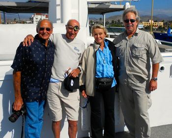 Standing with the Great Ones - Ernie Brooks, Stan Waterman, Valerie Taylor and PCD at the end of the Historical Diving Society's 2009 expedition to film the Great Whites of Guadalupe Island.