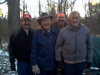 January 6, 2003-Walter Adams came to visit his nephew, Harold Dalton, at the Dalton farm. L-R: Tim Adam's (Walter's son), Walter, Tom Dalton (Walter's great nephew) and Harold Dalton (Tom's dad).