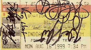 Signed by banjoist Bela Fleck (lower right); saxaphonist/flutist/clarinetist Jeff Coffin (upper right); drummer "Future Man" (far right); and bassist Victor Wooten (middle)