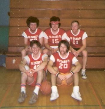 The '73 Pi intramural basketball team was 4-4. Front row: Ron Schambacker, Dave Saylor. Back row: George Penno, Dale Dunmore & Bill Robertson. Bill was a grad student at Mansfield.