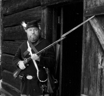 When the Rebels invaded Maryland in early September, 1862, the 149th was rushed to Washington to help defend the capital. Above, reenactor, Jim Young, portrays a Bucktail on guard duty.