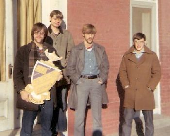 (L-R) Pi brothers Dave Saylor, President Dan Selvage, Rich Stone, and Tom Podlinski gather at the Eagle Hotel in Addison, NY, for a 1972 spring meeting.