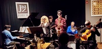 Blindfold Test at the Jazz Forum. L to R: Henrique Eisenmann, Susan Pereira, Itaiguara Brandão, Thiago Fernandes, Vanderlei Pereira, Jason Ennis (photo: Steve Rome)