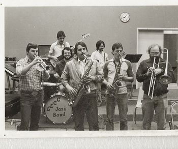 Lincolnland Community College, 1981. Mark Cannedy, trumpet; Paul Lerch, tenor sax; Brian Moore, alto sax; David Hoffman, valve trombone; Tim Harte, drums; Larry Crowley, bass; me, guitar