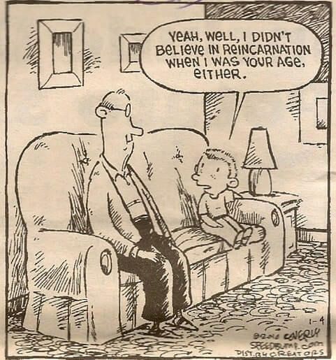 Cartoon with older man and little boy on couch. Boy says, 