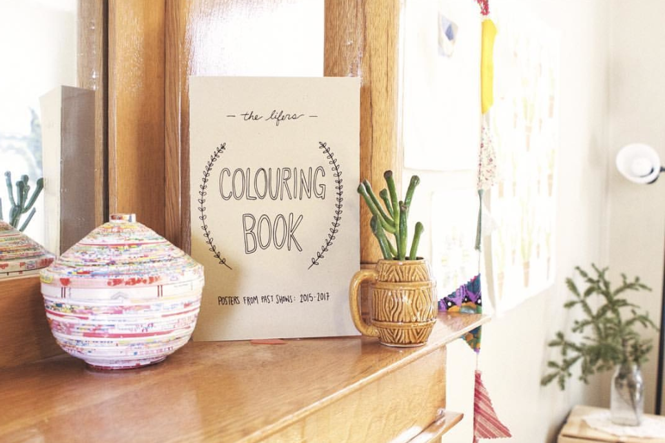 The Lifers Colouring Book featuring poster designs from past shows. Printed on 100% recycled paper.