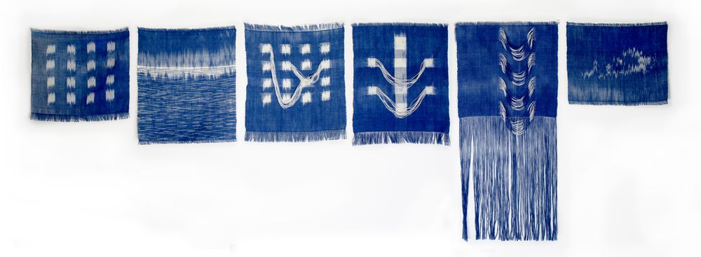 "Finding the Grid - Woven Works". 100% cotton, hand-dyed with organic indigo, double ikat resist, 2020