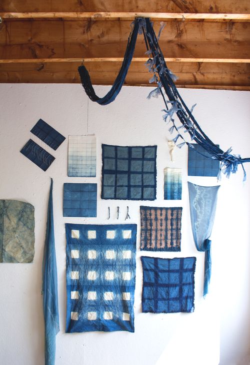 Finding the Grid - I N D I G O, 2019. organic indigo dye on linen, cotton, silk chiffon, hemp, ramie, and folded/creased paper