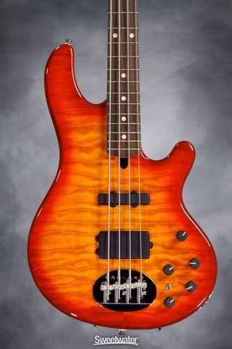 Here's Jeff's Lakland 44-02 Deluxe bass. Ash Body, quilted maple top, and active electronics in a single seismic package! Jeff uses it for recording, and just for fun - he knows he's not a real bass player.