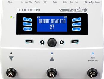 Studio vocal effects and processing on location! That's the idea behind this device, a TC-Helicon VoiceLive Play GTX, which Jeff uses in his solo performances. Adaptive tone technology intelligently controls EQ and Dynamics (Compression & De-ess) to provide tonal balance and dynamic control. An adaptive gate helps suppress feedback. Reverb, echo, delay, and other effects are available through this little box, as are two voices of harmonies and voice doubling. Included are a full range of guitar effects, so if you want to hear one of Jeff's acoustic guitars sound like a Les Paul through a Marshall stack, this will do it!
