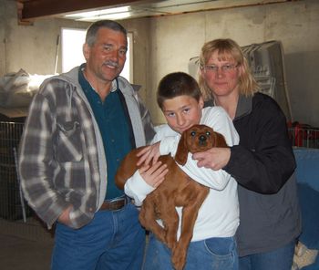 John and Sabine Sadrieh and their son Stephan. They now have the blue boy and his name is now Jeager. They plan on hunting with him. Stephan didn't know they were getting a puppy and it was pure joy on his face when he realized he could take the puppy home!!! They live in Conifer, Colorado.