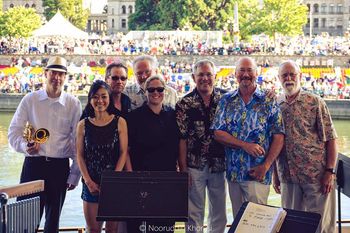 'Dancin' at Symphony Splash, playing to an audience of forty thousand. Bryne Badel, Masako Hockey, Brad Clarke, Morry, Jenny Carson, Chris Millington, Duncan Meiklejohn, Don Cox.