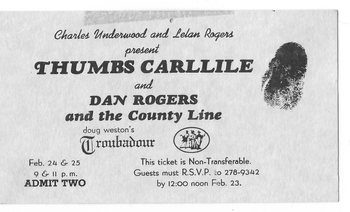Jerry Adolphe, Norm MacPherson, and I playing with Dan Rogers (Kenny's nephew), opening for legendary country guitar virtuoso, Thumbs Carllile at the Troubadour, LA 1977. Burton Cummings sat in. A few nights before, we played 'The Palomino', LA's premiere country showcase club. Michael McDonald sat in. His two sisters, Maureen and Kathy, were singing in the band at the time.