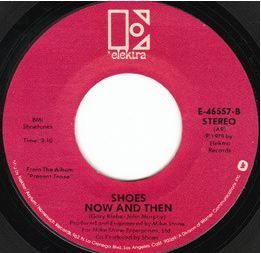 Label for "Now and Then", the B-side of "Too Late" the 1st US single release from the "Present Tense" LP in 1979 on Elektra Records.