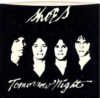 Cover, designed by John for the 1978 single release of "Tomorrow Night" on BOMP! records. To present a more unified look for the band, Skip's moustache was removed from the artwork by John using white-out!