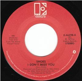 Label for "I Don't Miss You" with "Now and Then" on the flip side, the 3rd US single release from the "Present Tense" LP in 1979 on Elektra Records.