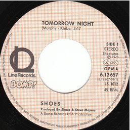 Label for the 1978 German release of the BOMP! version of the "Tomorrow Night", single on Line Records.