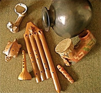 2012: some of the instruments EK BALAM plays: Water whistle, ocarina, quadruple flute, gourd flute, clay flute, U Drum and Clay Pots