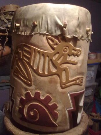 HUEHUETL DRUM - Our classical drum of ancient Mexico, I made it, learned to carve while doing it (5 weeks) and painted, my first one too!