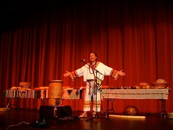 Here is a Formal Concert Theatre Set Up: Three (3) six foot or Two (2) eight foot tables, on which I place my instruments. I do always say that "off-stage set up" is best when presenting an entirely "Interactive Performance"