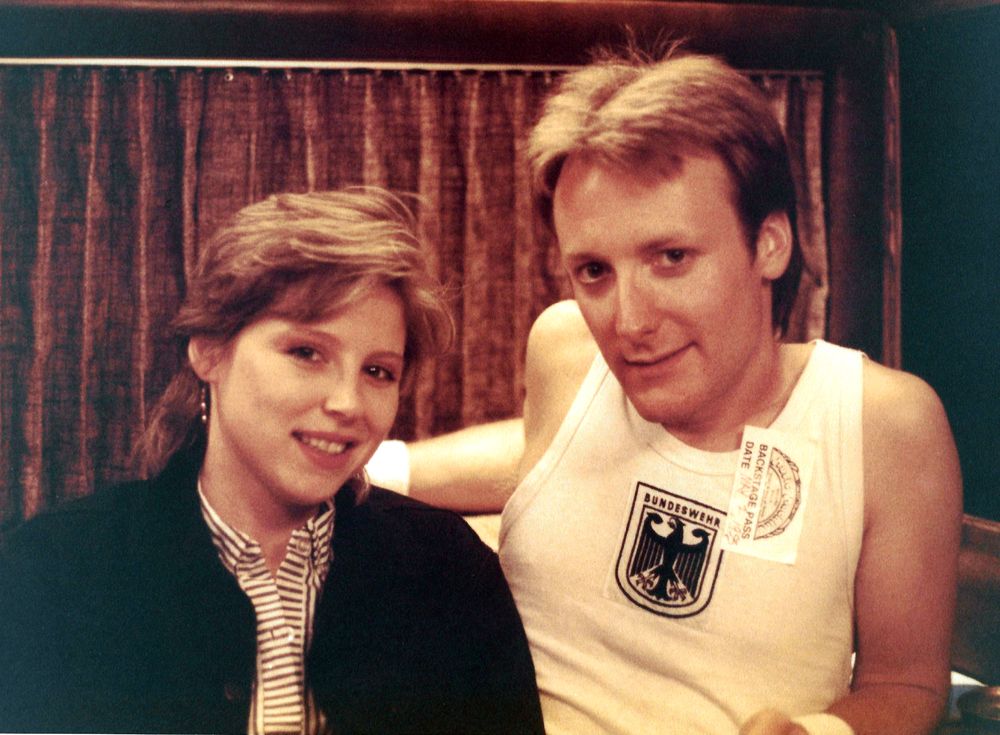 Posing with Gina Schock from The Go-Gos on our tour bus - West Hollywood, May 1983. She was a pretty good bowling team mate!
