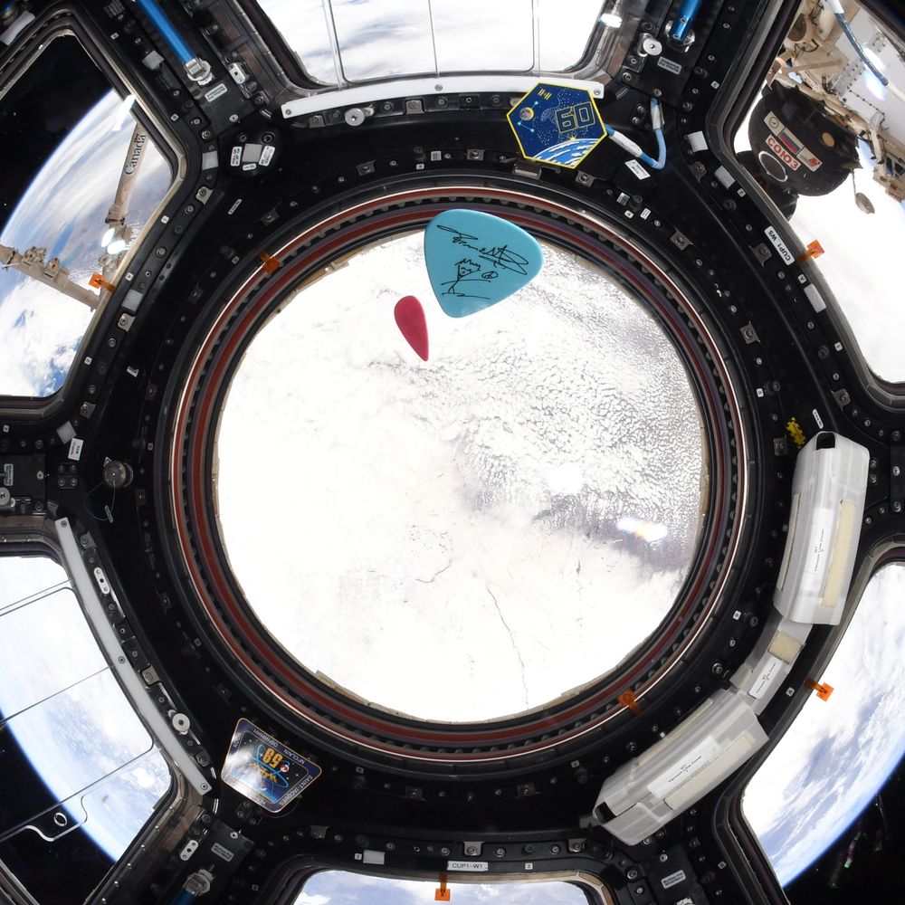 Two of my custom guitar picks floating around in the Cupola onboard the International Space Station!