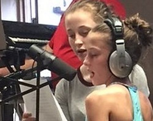 Granddaughters Amelie and Megan Thomson in studio singing the closing chorus of "Everyone Has A Dream". Photo by Andrea Thomson