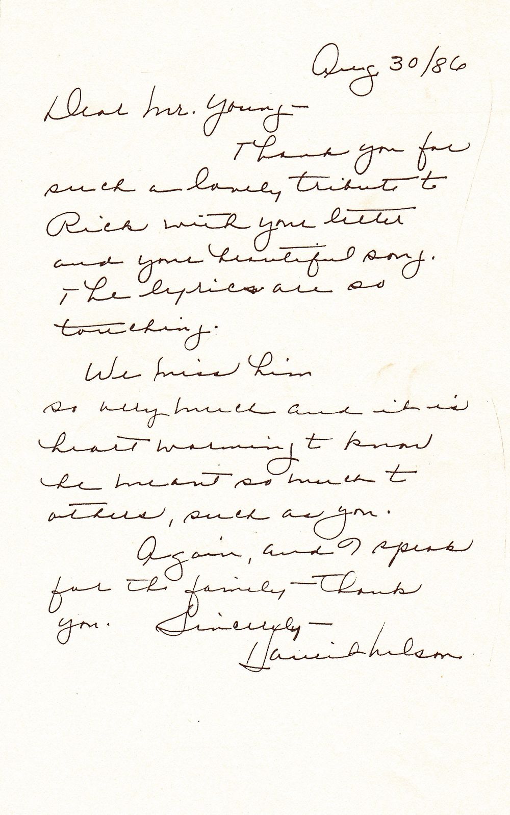 Letter from Rick Nelson's mother, Harriet Nelson of 'The Adventures Ozzie & Harriet' 1950s & early 1960s TV show.