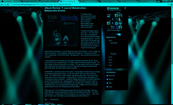 Babybrutha Knows CD review
http://musicineverything.blogspot.com/2014/12/album-review-t-lee-of-babybrutha.html