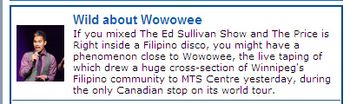 Featured on Main Page of the MTS Centre Website (Wowowee Event Coverage)