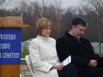 Congresswoman Betty Sutton of Ohio's 13th congressional district was also in attendance, pledging her continued support for all veterans. Seated next to her is Mr. Dan Rospert, Funeral Director of Hilliard-Rospert Funeral Home, who was the Master of Ceremonies.