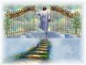 Jesus welcomes at heaven's pearly gates.
