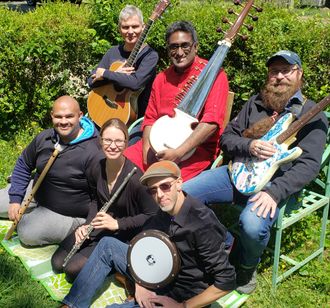 Kundalika's global jugalbandi can include diverse instruments such as guitar, sarod, and banjo (top row); bansuri, flute, and dumbek (bottom row)