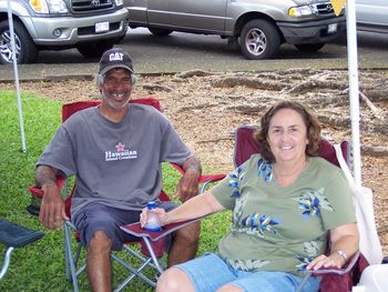 2008, Spring. Saturday Dog Classes in Hilo, Hawaii. Our Friends Joan and Eddie Pieper taking a break from Training. They have the wonderful Sheba's.