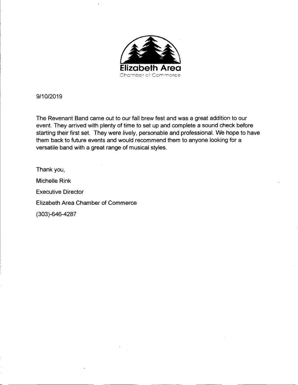 A recent reference letter from the Pints In The Pines Festival
