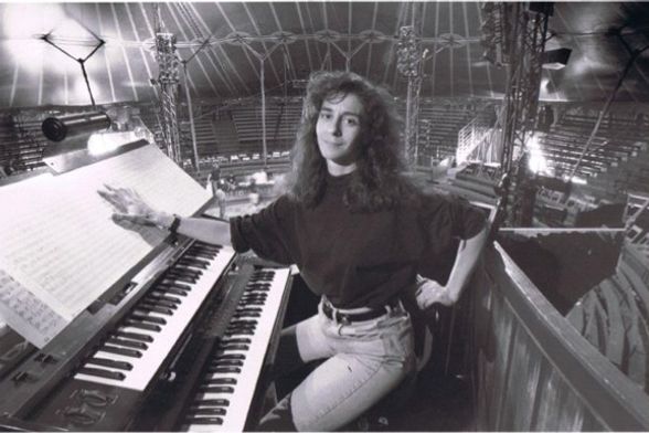 Linda Hudes composing a Big Apple Circus score on her multi-keyboard rig.