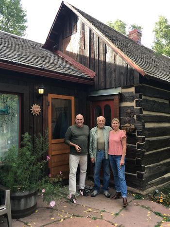 My brother Tom Polich, dad Bruce Polich, and sister Maria Martin in front of the log cabin we lived in in 1960 in Aspen Colorado.