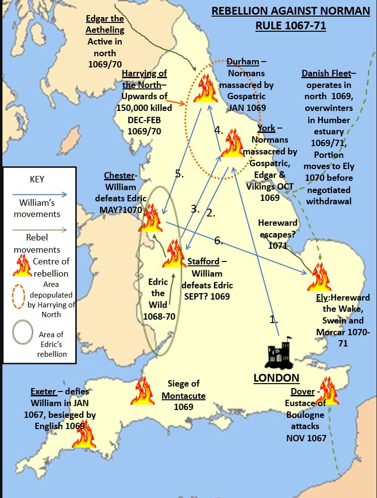 A map showing the Harrying of the North in 1069 and other regional rebellions