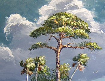 Knifemade Slash Pine & Cabbage Palm Trees. Also knife highlights on the Clouds. "Wind and Rain" (SOLD - Scott City, Missouri)