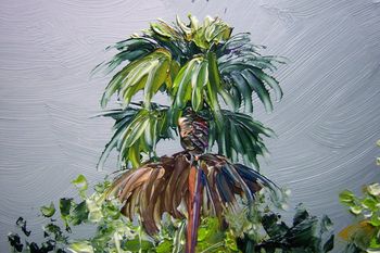 Palette knife made Cabbage Palm tree on "Peaceful Misty River" September 5th, 2008(SOLD - Collector from Clermont, Florida)