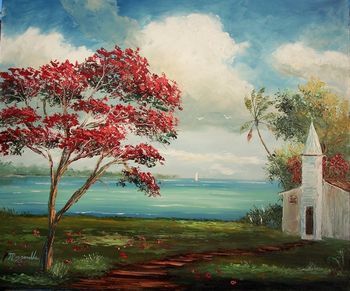 "Royal Poinciana Church" 20 by 24" Oil on Board (lots of palette knife) Painted Feb 7th 2007 (Private Collection)