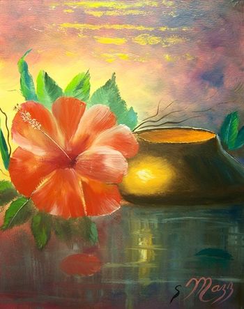 'Pottery Vase and Hibiscus'' 16 by 20" Oil on masonite board. (knife & brush). Sept 21st, 2009 (Collector from Branford, Florida)