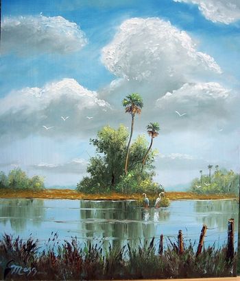 Scenic Pond 16 by 20" Oil on Masonite Board. Lots of palette knife & brush. Painted Dec 11th, 2006 (SOLD - Collector in Dunedin, FL)